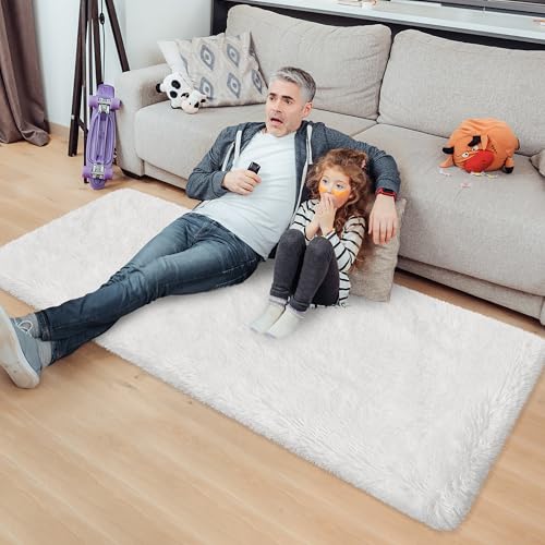 Runner Rug for Bedroom White 2x5ft Fluffy Area Rug Bedside Runner Rug for Kids Room Boys Teens Nursery Baby Living Room Dorm Home Decor Carpets Kid Sbedroom Rug (White / 2' x 5' (Runner))
