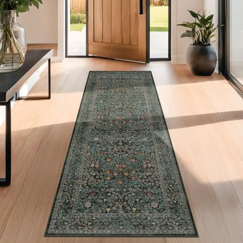 Vintage Floral Dark Green Washable Runner Rug 2x6 (Dark Green / Black / 2' x 6' (Runner))
