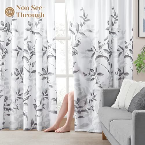 Light Grey and White Privacy Sheer Curtains (Leaves-light Grey / 52"W x 84"L (Pack of 2))