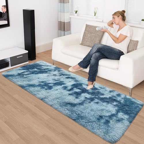 Super Soft Fluffy Living Room Area Rug 2x6 ft Tie (Tie-dyed Blue / 2' x 6' (Runner))