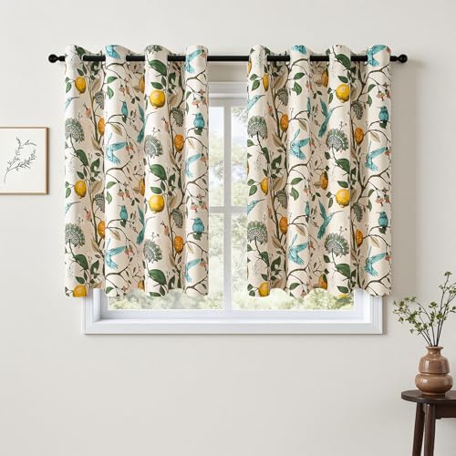54 Inches Long Blackout Curtains for Cafe Kitchen Beige Vintage Grommet Room Darkening Luxury Floral Lemon Hummingbird Patterned Waverly Colorful Drapes for Living Room Bedroom (Beige / 52"W x 54"L (Pack of 2))