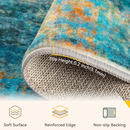 Washable 4'x6' Abstract Area Rug for Living Room Teal Multi (Teal Blue/Green/Orange / 4' x 6' (Rectangular))