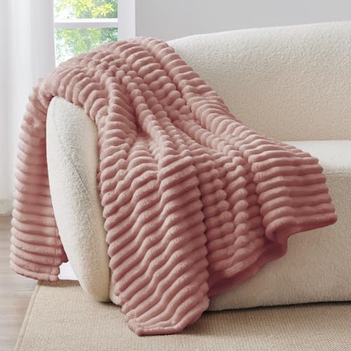 Ribbed Fleece Throw Blanket for Couch (Dusty Pink / Throw(50"x60"))