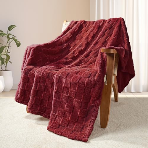 3D Checkered Fleece Throw Blanket for Couch (Burgundy / Throw (50"x60"))