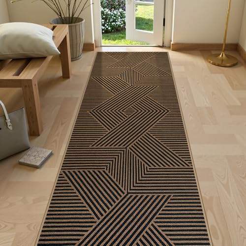Modern Black and Brown Runner Rug (2'6" x 8' (Runner) / Black/Nature Geometric-2)