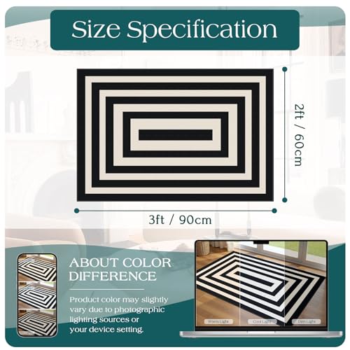 Front Door Mat Indoor Outside Entrance (Geometric Border- Black/White / 2' x 3' (Rectangular))