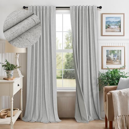 Gray Room Darkening Curtains 96 Inches Long for Living Room 2 Panels Faux Linen Back Tab Pleated Puddle Length Thermal Insulated Medium Gray Light Weight Blackout Curtains for Bedroom 8ft Light Grey (Light Grey / 52"W x 96"L (Pack of 2))