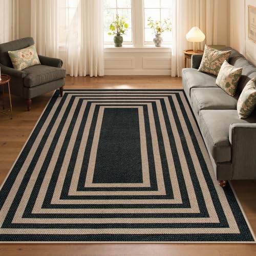 Modern Geometric Easy Jute Outdoor Rug (5' x 7' (Rectangular) / Black/Nature Border)