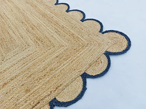 Scalloped Natural Jute Area Rug (2'x8' (Runner) / Navy)