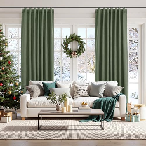 Olive Green 100% Blackout Curtains 96 Inch Length 2 Panels Set for Living Room Bedroom Back Tab Thermal Insulated Black Out Linen Drapes Room Darkening Window Curtains 96 Inches Long (Olive Green / 52"W x 96"L (Pack of 2))