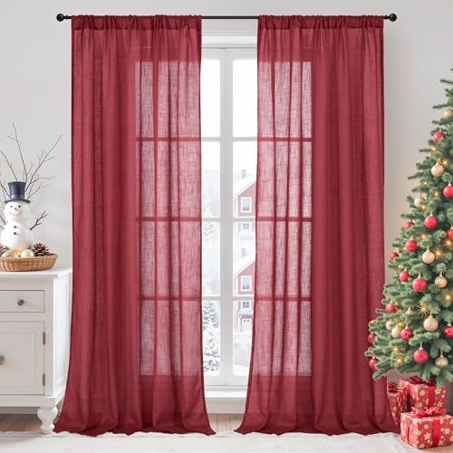 Long Linen Semi Sheer Curtains 102 Inch Length for Living Room (Burgundy / 52"W x 102"L (Pack of 2))
