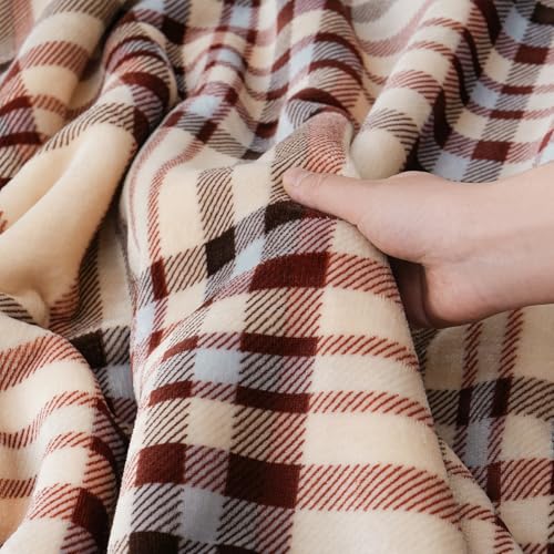 Sherpa Fleece Throw Blanket 80" x 90" Reversible Plush Fluffy Large Big Blanket Lattice Flannel Blankets for All Season Use (Beige Stripe / 80"*90")