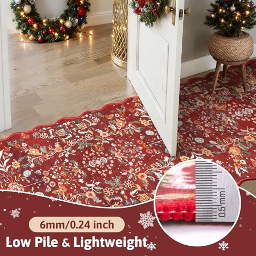 2x8 Christmas Runner Rug Washable Christmas Holiday Carpet Runner (Red Christmas Floral / 2' x 8')