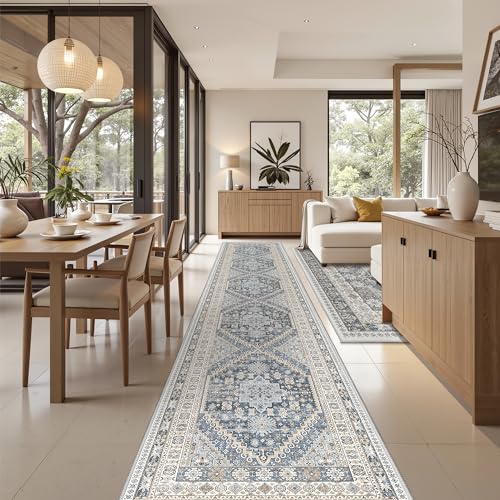 Washable Runner Rug 2.5x14 (Blue/Beige / 2'6" x 14' (Runner))