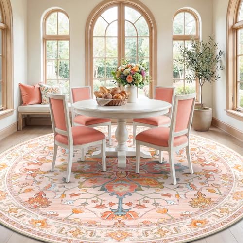 Washable Area Rug (Pink/Light Pink/Colorful / 8' (Round))