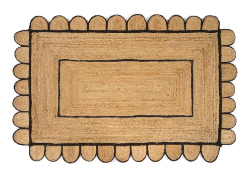 Scalloped Jute Area Rug 8X10ft Natural Hand Woven Black Trim (Natural Black-56 / 8' x 10' (Rectangular))