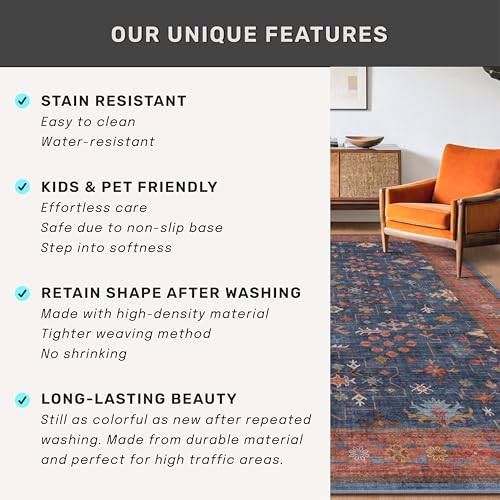Large 3x5 Kitchen Rug Non Slip Machine Washable (3' x 5' (Rectangular) / Blue / Terracotta)