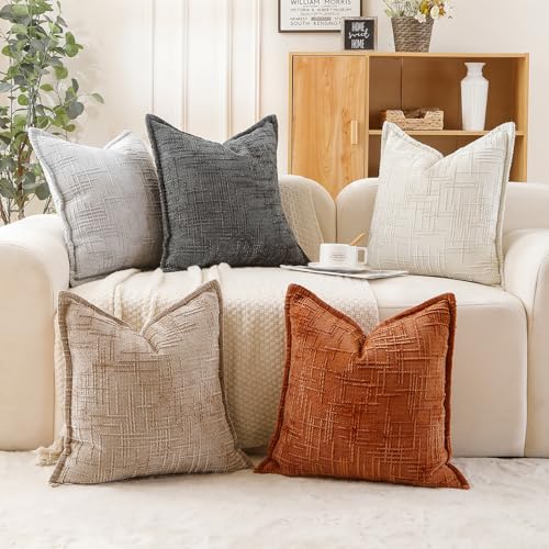 Chenille Throw Pillow Covers 18x18 Inch (Chenille-light Brown / 18" x 18" (Pack of 2))