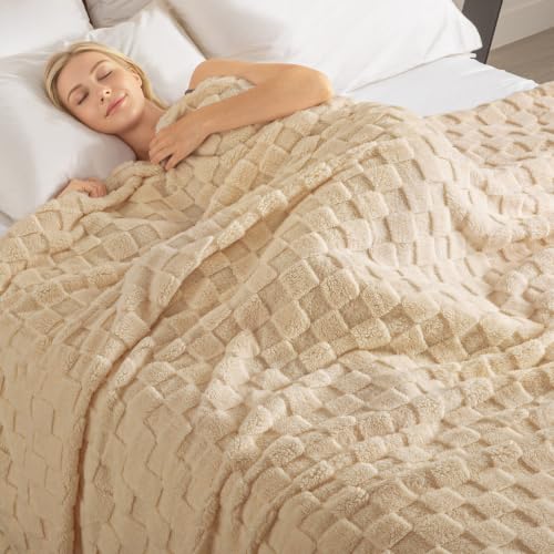 3D Checkered Fleece Queen Size Bed Blanket (Camel / Queen (90"x90"))