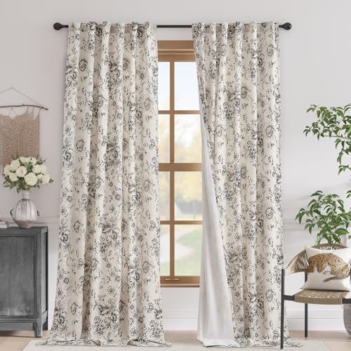 Floral Linen Blackout Curtains for Bedroom 120 Inches Long (Black / 50"W x 120"L (Pack of 2))