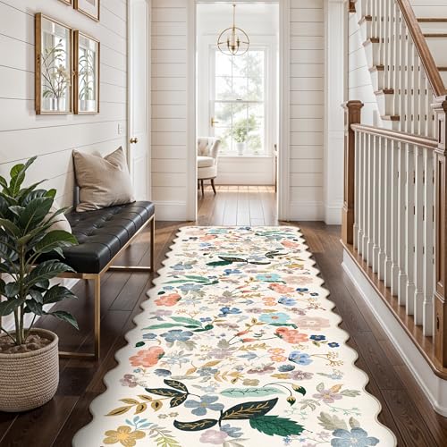 Washable 2x8 Hallway Runner Rug (2' x 8' (Rectangular) / Cream/Floral)