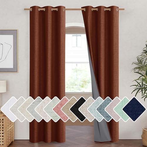 100% Absolutely Blackout Linen Curtains with Thermal Insulated Liner (42"W x 84"L (Pack of 2) / Burnt Orange)