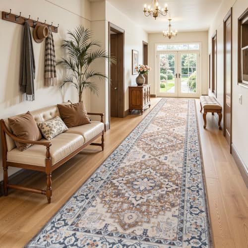 2'6" x 14' Hallway Kitchen Washable Runner Rug (Floral Brown / 2'6 x 14' (Runner))