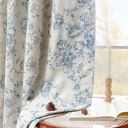Floral Linen Blackout Curtains for Bedroom 90 Inches Long (Blue / 50"W x 90"L (Pack of 2))