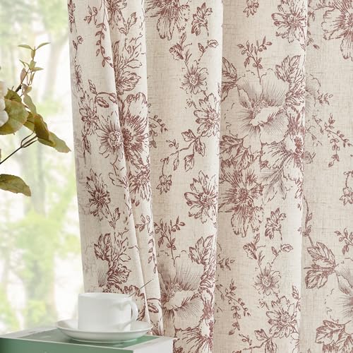 Vintage Floral Linen Curtains 108 Long for Living Room 2 Panels (Brick Red / 50"W x 108"L (Pack of 2))