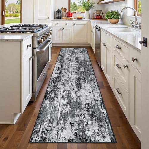 Washable Runner 2'x10' Abstract Area Rug for Hallway Black White (Black/Navy Blue/Gray / 2' x 10' (Runner))