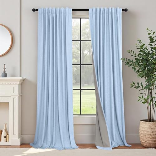 Light Blue Black Out Curtains 96 Inches Long for Living Room 100% Blackout Linen Textured Thermal Window Treatments Grand Millenial Curtain Drapes for Bedroom Modern Farmhouse Decor 96 Length 2 Panels (Light Blue / 52"W x 96"L (Pack of 2))
