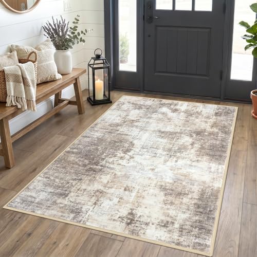 Abstract Area Rug 4x5 Ft Washable Rugs for Entryway Indoor (Gold/Yellow/Brown/Beige/White / 4' x 5' (Rectangular))