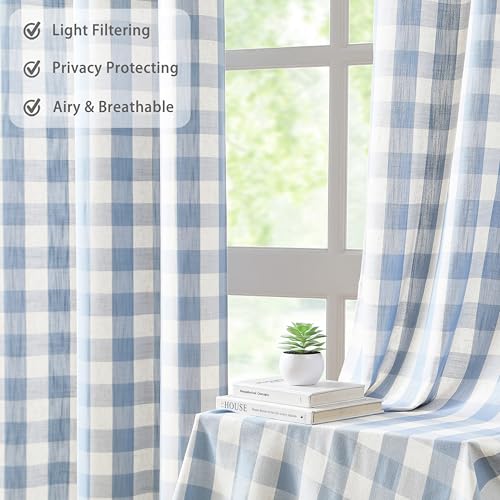Beige Dusty Blue Buffalo Plaid Semi Sheer Grommet Curtains 90 Inch (Dusty Blue/Beige / 40"W x 90"L (Pack of 2))