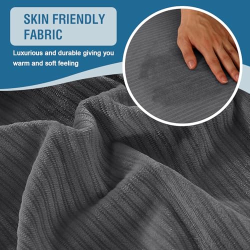 Velvet Stretch Sectional Couch Covers (Striped Grey / 2 Seater + Chaise)