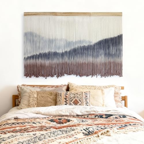 Large Dip Dye Macrame Wall Hanging Tapestry 59"x38" Boho Decor (Blue Gray and Coffee)