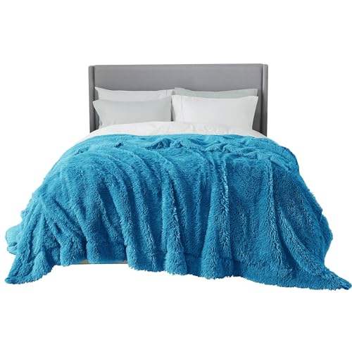 Faux Fur Fluffy Sherpa Fleece King Bed Blanket Bright Blue 108"x90" (21- Bright Blue / King (108" X 90"))