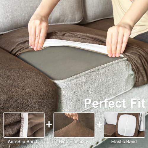 Leather Look Couch Cushion Covers Sofa Seat Slipcovers Sets Couches Furniture Protector for Sectional Armchair Loveseat Pets Kids Stretch Spandex Fabric (1 Cushion XL Sofa / 01 Brown)