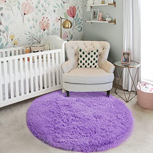 Purple Fluffy Round Kids Area Rug 5Ft for Girls Bedroom Nursery (Purple / 5' (Round))