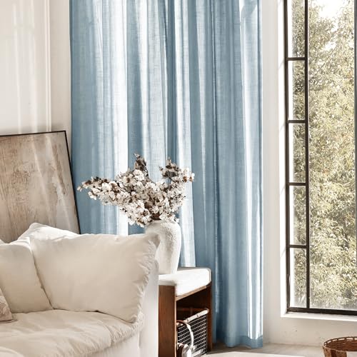 Dusty Blue Linen Curtains for Living Room Back Tab Light Filtering Semi Sheer Light Blue Bedroom Curtain Linen Cotton Textured Grey Blue Drapery Panel Airy Modern Farmhouse Aesthetic Decor 52x108 Long (Dusty Blue / 52"W x 108"L (Pack of 2))