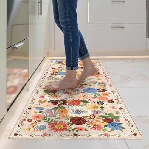Beige Floral Hallway Runner Rug 2x5 for Bedroom Kitchen (Blush Beige / 2' x 5' (Rectangular))