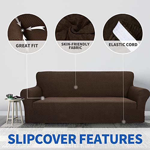 1 Piece Jacquard Couch Covers for 2 Cushion Couch High Stretch Loveseat Slipcover for Pets Dogs Anti Slip Love Seat Sofa Slipcover Furniture Protector (Medium (55"-69") / Dark Coffee)