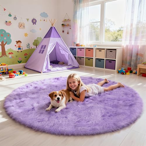 Purple Fluffy Round Area Rugs for Bedroom (Purple / 3' (Round))