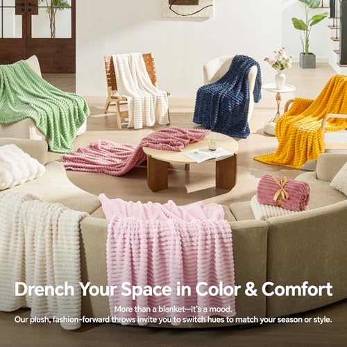3D Ribbed Jacquard Pink Fleece Throw Blanket for Couch (Dusty Pink / Throw XL(50"x70"))