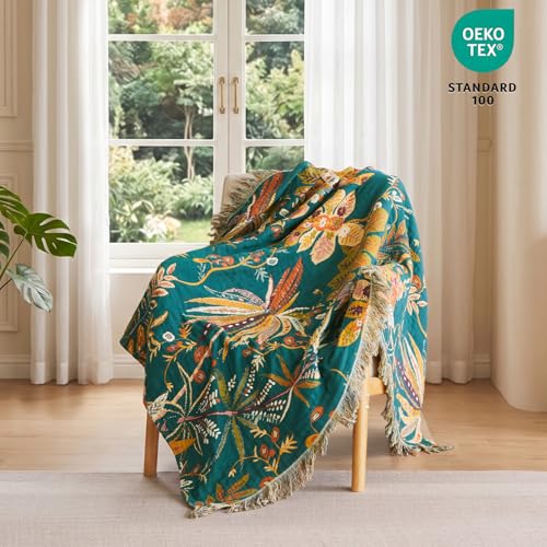 Boho Throw Blanket 60"x80" 100% Cotton Floral Muslin Blanket for Sofa (Leaves Flowers / 60"x80")