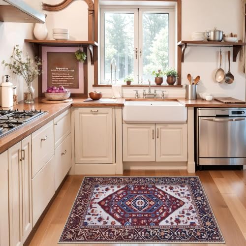 2x3 Washable Non Slip Boho Small Area Rug for Entryway (Burgundy Navy/Multi / 2' x 3' (Rectangular))