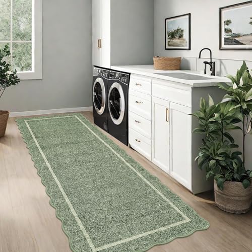 Scalloped Washable Runner Rug 2x8 Non Slip Kitchen Rugs (Greyish Green / 2' x 8' (Runner))