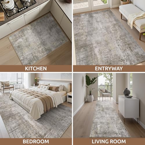 3 x 5 Rug Small Non Slip Area Rug Ultra Soft Machine Washable Low Pile Modern Abstract Area Rugs for Bedroom Living Room Entryway Kitchen Bedside (Beige / 3' x 5')