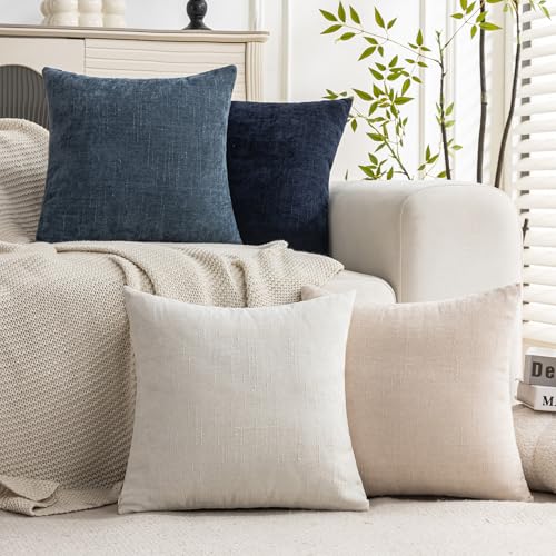 Set of 4 Soft Textured Decorative Throw Pillow Covers 20x20 Inch Cozy Farmhouse Cushion Cover Square Accent Pillow Cases for Bed Couch Sofa Living Room (A Beige White Blue / 20" x 20" (Pack of 4))