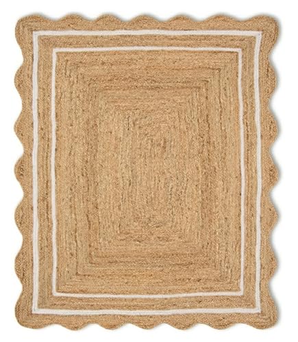 Scalloped Natural Jute Rug Easy Clean Durable Handwoven Rug for Living Room (Off-white / 3x6 Feet)