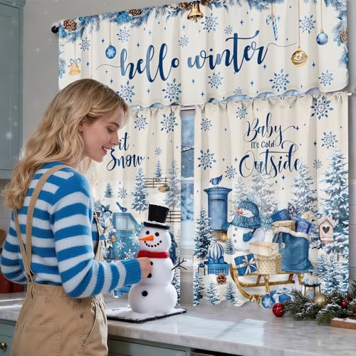 3 Pcs Christmas Snowflake Kitchen Curtains Valances and Tiers Set for Windows Winter Snowman Gnome Gifts Pine Tree Decor Short Curtain Set for Bedroom Window Treatment Decor Party Supplies (Snowflake)